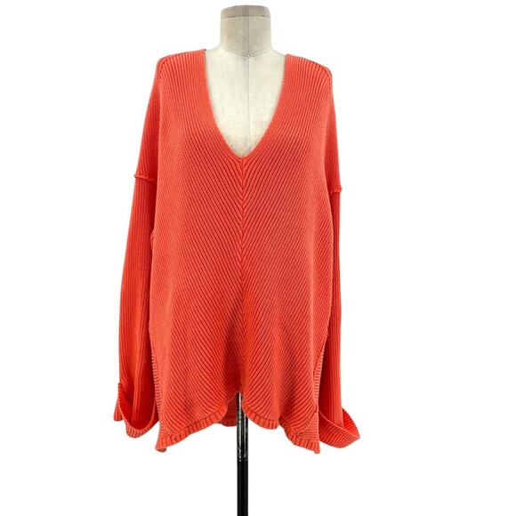 Free People La Brea Sweater V-Neck Ribbed Cuffed Sleeve Coral Orange Size Large - Picture 2 of 13